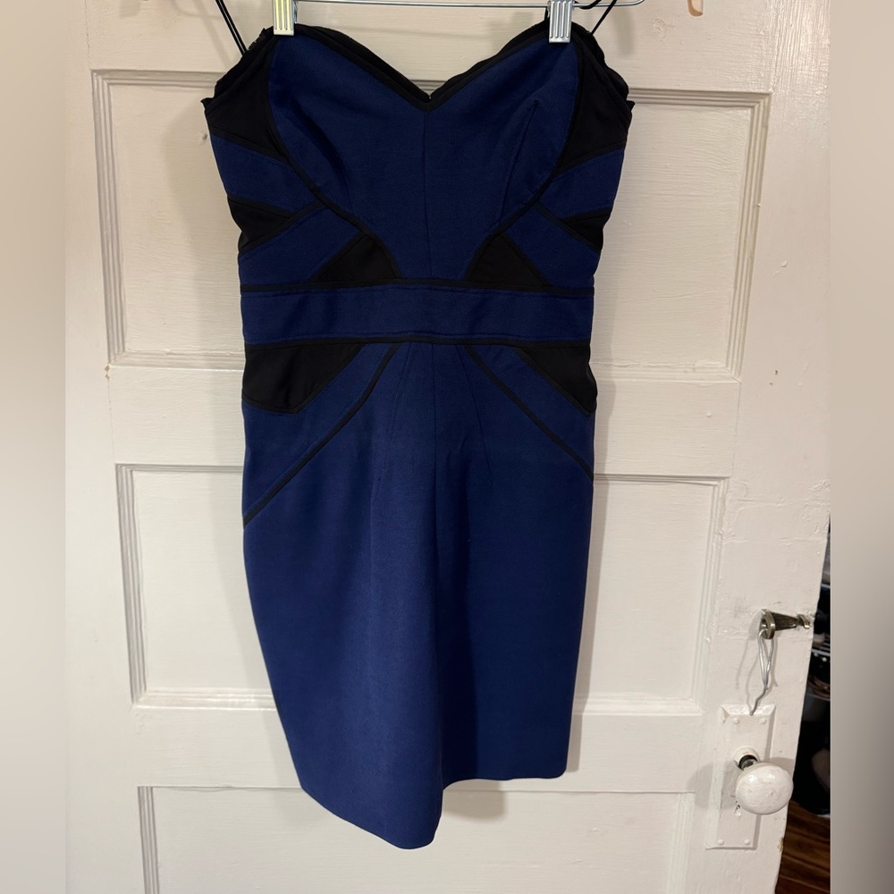 Zac Posen strapless navy satin-trim bonded jersey dress